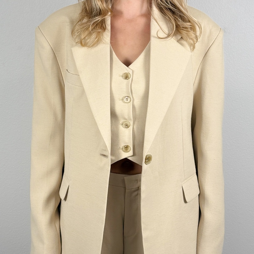 Linen blend Beige Women's Blazer Suit Jacket High Quality Korean brand